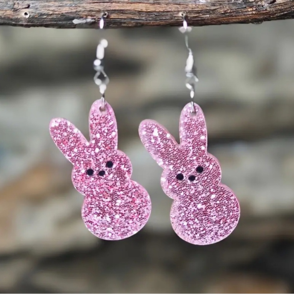 Pink Glitter Drop Bunny Earrings